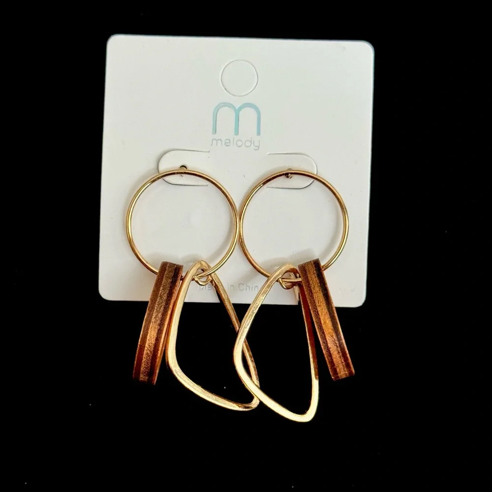 Gold Tone Geometric Dangle Earrings w/ Yellow Wood Accents - Picture 2 of 3